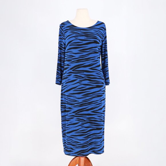 CHICO'S Travelers Slinky Stretch Blue Zebra Print Midi Dress Size 2 (12/14) - Picture 1 of 6